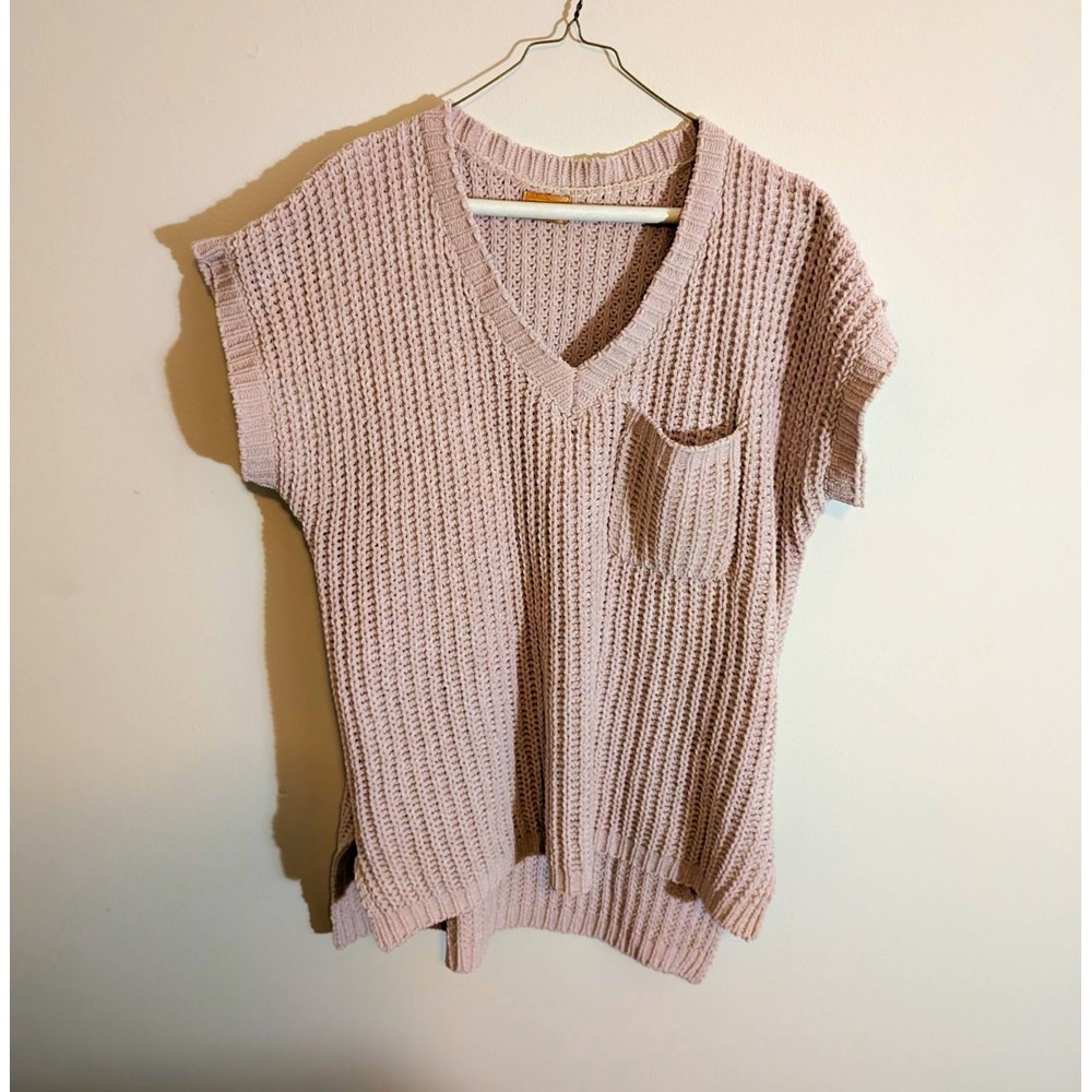 POL Sweater Women's S OvrSz Beige Chunky Knit VNeck Short Sleeve Pullover Pocket
